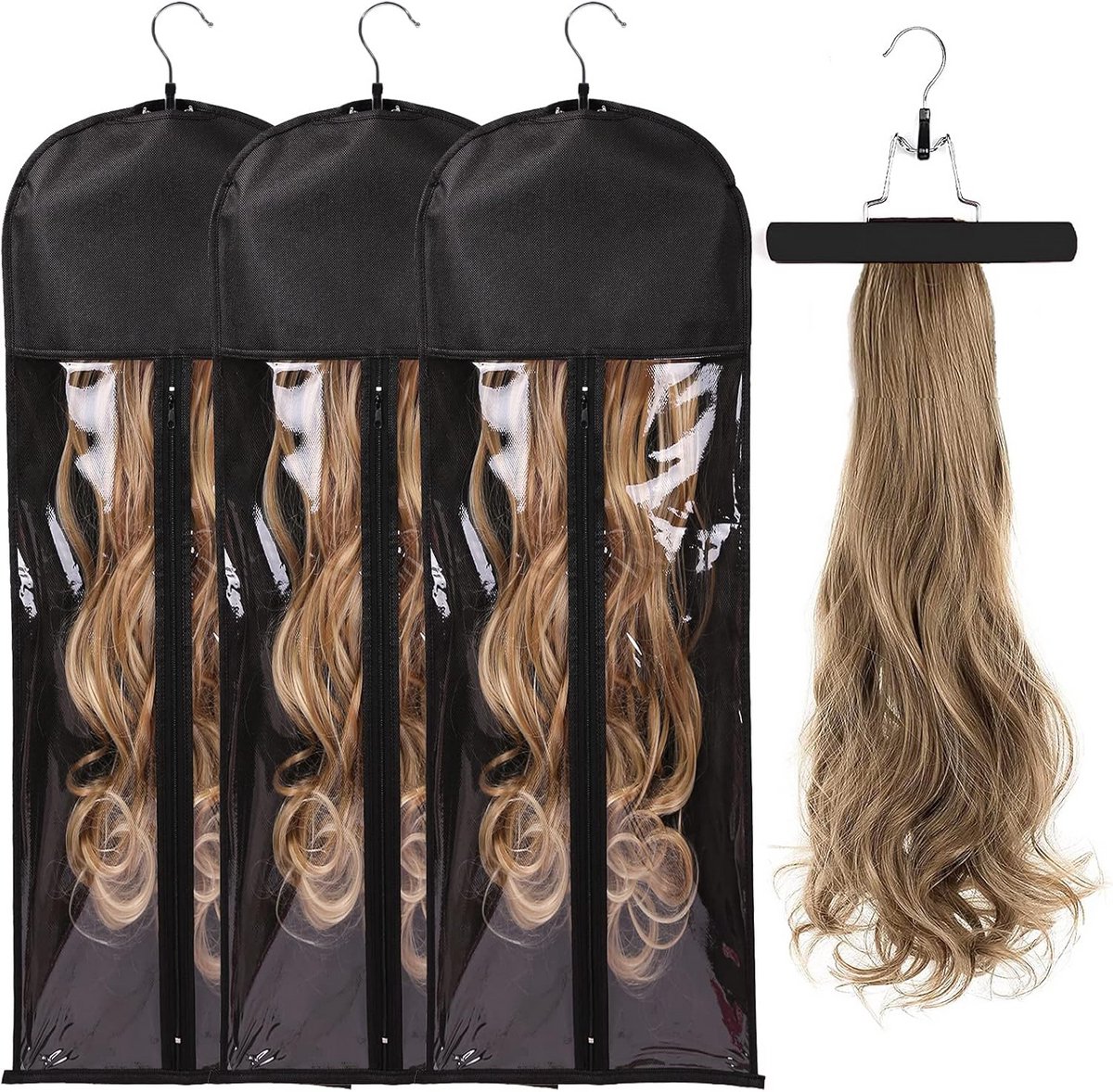 3 Extra Lange Haarverlenging Opbergzakken met Houten Beugel