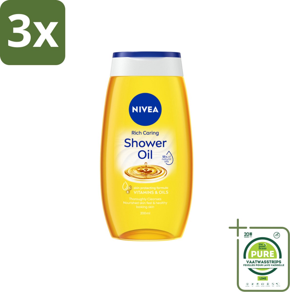 3 x NIVEA - Doucheolie - Natuurlijke Doucheolie - 200 ml - Grootverpakking - Doucheolie - NIVEA - Natuurlijke Oliën - Zachte Huid - Hydratatie