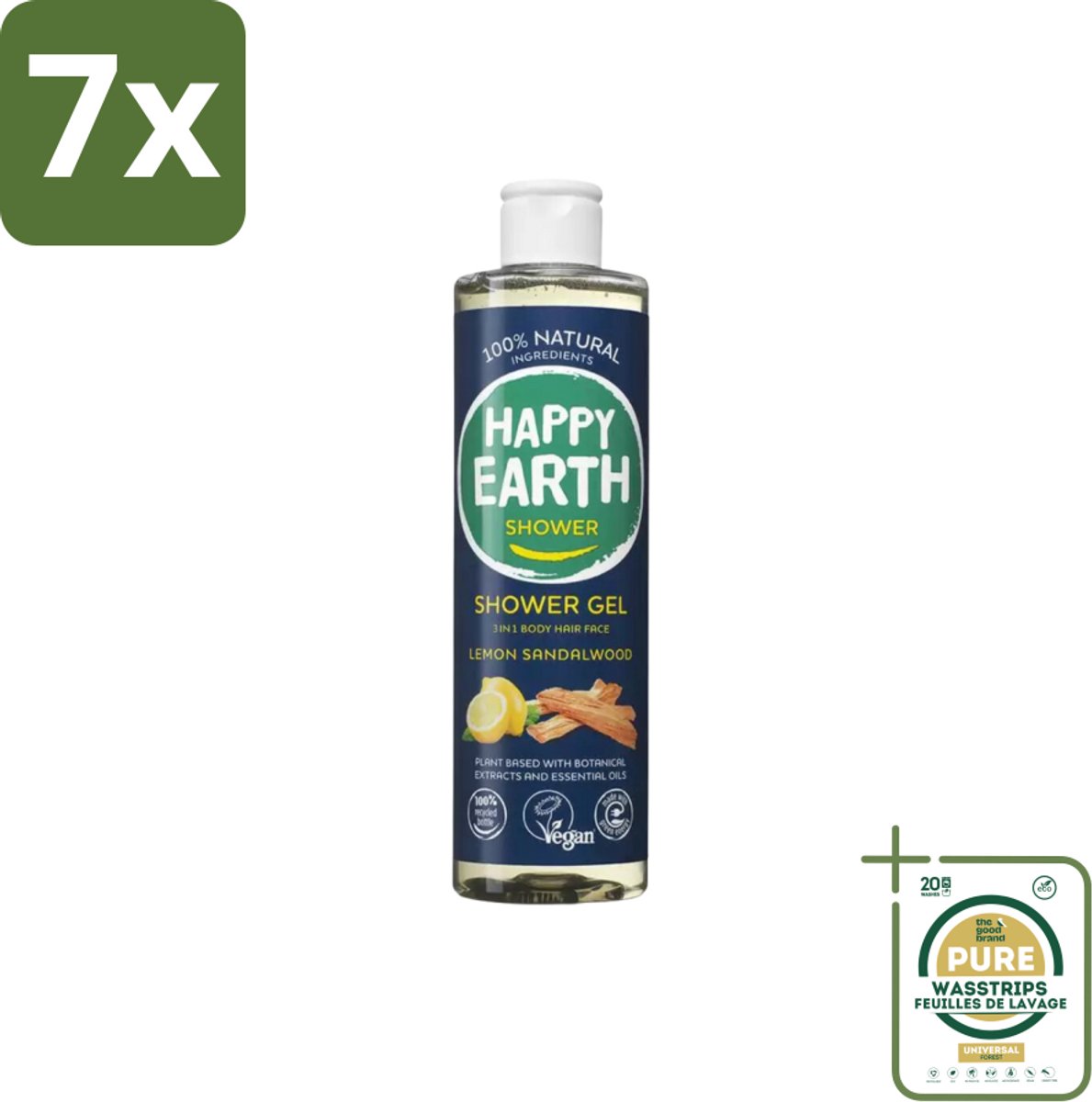 7 x Happy Earth – Douchegel – 100% Natuurlijk Men Protect – 300 ml - Grootverpakking - Douchegel Mannen - Natuurlijke Douchegel - Vegan Douchegel - 3-in-1 Douchegel - Gezichtsreiniging