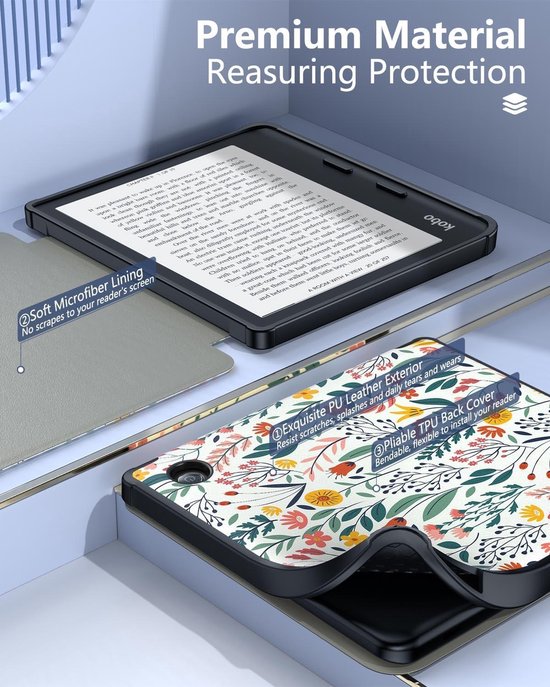 Beschermhoes 7 inch e-reader, Ultra Dun Lichtgewicht met Auto Wake/Sleep - Bloemenpatroon - Geschikt voor Kobo Libra Colour 7" 2024 Release. van Merkloos — afbeelding 3