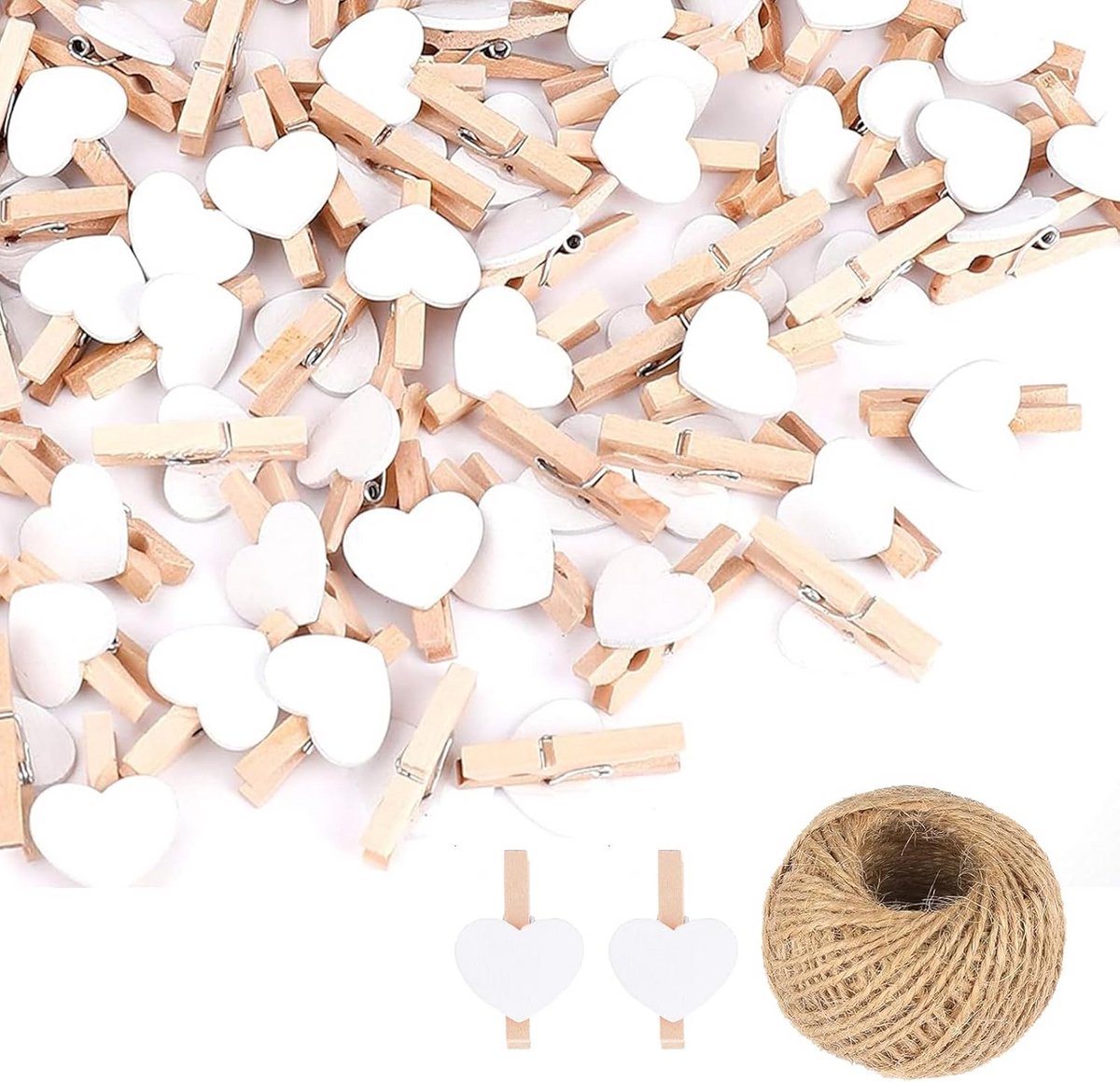 100 Mini Houten Knijpers Hartvorm Wit - Fotohouder & Decoratie met Jute Touw