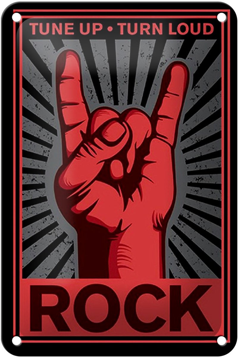 Femer Blechschild Rock 12x18cm tune up turn loud Rood