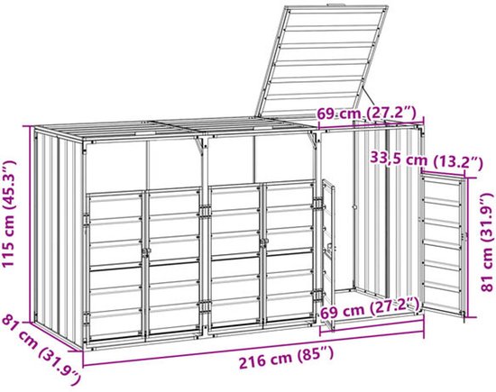 Gedetailleerde tekening van een antracietkleurige kliko ombouw met deuren en kleplift, inclusief afmetingen.