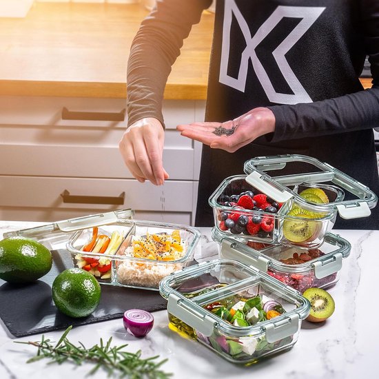 KADAX Glazen kom met deksel, set van 4, mengkom voor bakken, levensmiddelen, koken, voorbereiden, ronde vershouddozen voor levensmiddelen, 0,5-2 l kom van glas, vaatwasmachinebestendig