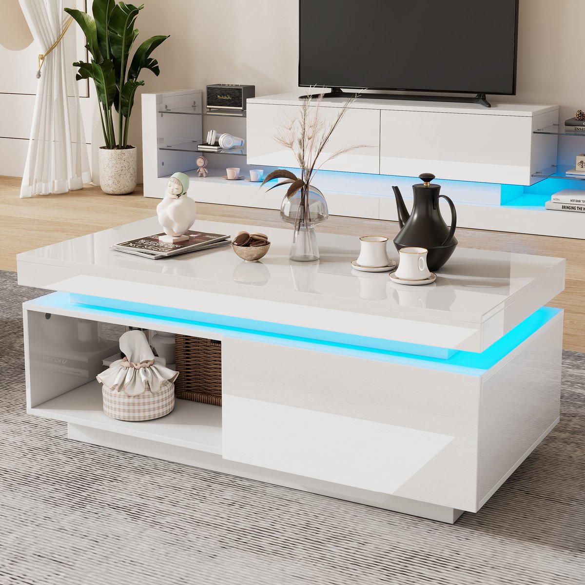 REDOM Salontafel 100x50x40,3 cm van spaanplaat, hoogglans wit met geïntegreerde LED-verlichting en lade, modern elegant ontwerp
