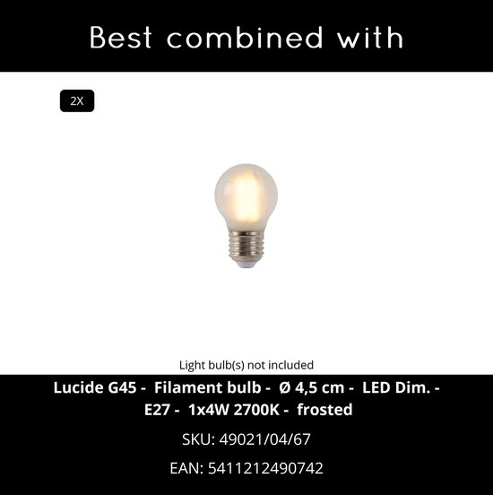 Gefroste LED filamentlamp, G45, 4,5cm diameter, E27 fitting, 4W, 2700K.