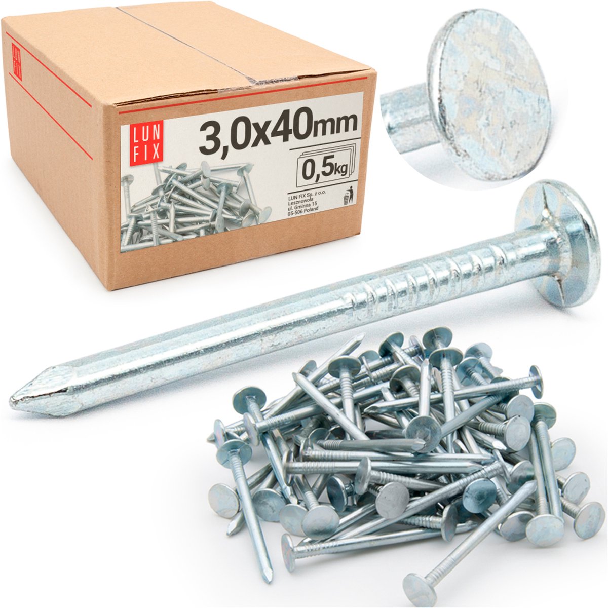 LUN FIX - Dakbedekking spijkers 3 x 40 mm - 0,5kg (ca. 220 stuks) - Gegalvaniseerde stalen