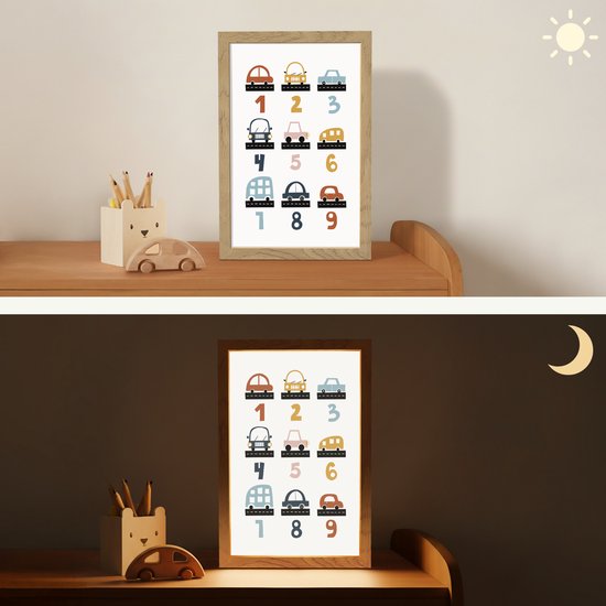 Nachtlampje 20x30 cm - Kinder lamp - Getallen - Educatief - Leren tellen - Cijfers oefenen voor kinderen - Auto's - Voertuigen - Tafellamp kinderkamer - Slaapkamer lamp - Bedlamp kinderen - Kinderlampje stopcontact - Wandlamp babykamer - Nachtlampjes van OnlyWow — afbeelding 4