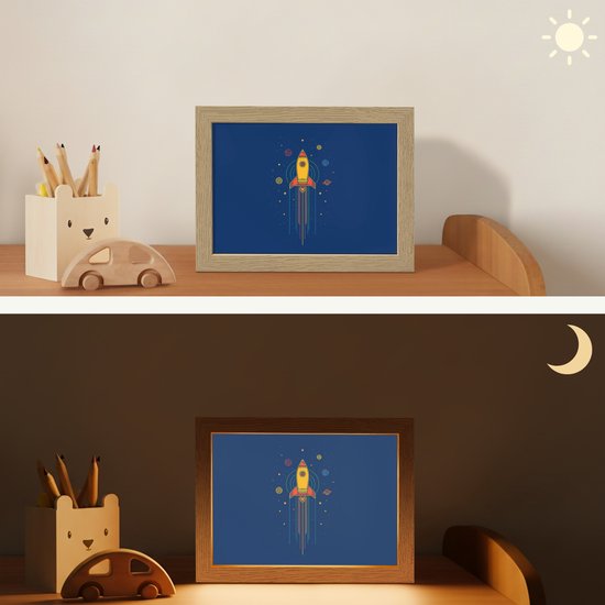 Nachtlampje 20x15 cm - Kinder lampje - Raket - Blauw - Sterren - Tafellamp kinderkamer - Slaapkamer lamp - Bedlamp kinderen - Kinderlampje stopcontact - Wandlamp babykamer - Nachtlampjes van OnlyWow — afbeelding 4