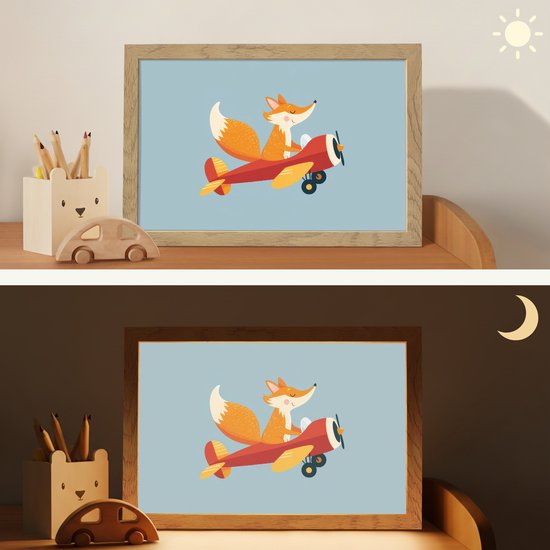 Nachtlampje 30x20 cm - Kinder lampje - Vos - Vliegtuig - Blauw - Tafellamp kinderkamer - Slaapkamer lamp - Bedlamp kinderen - Kinderlampje stopcontact - Wandlamp babykamer - Nachtlampjes van Merkloos — afbeelding 4