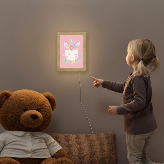 Nachtlampje 15x20 cm - Kinder lamp - Eenhoorn - Bloemen - Roze - Tafellamp kinderkamer - Slaapkamer lamp - Bedlamp kinderen - Kinderlampje stopcontact - Wandlamp babykamer - Nachtlampjes van Deco Belle — afbeelding 5