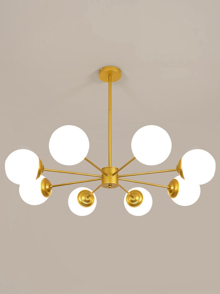 Moderne hanglamp met 8 armen, goudkleurig glas, E27 fitting (lamp niet inbegrepen).