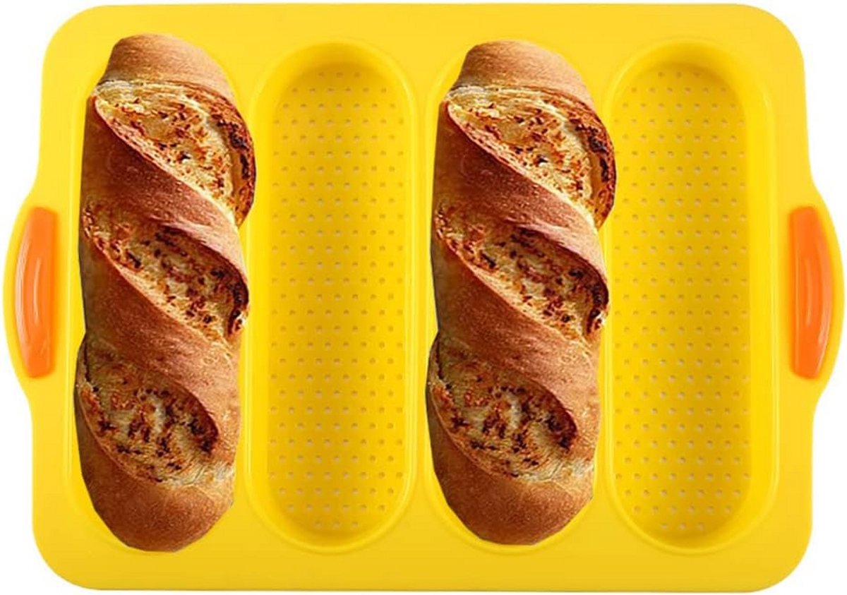 Silicone Bakvorm voor Frans Brood - 4 Baksleuven - Knapperig Brood bakken - Ovenbestendig tot 230°C - Makkelijk Schoon te Maken - Beschermende Handvatten - Kleur: Geel