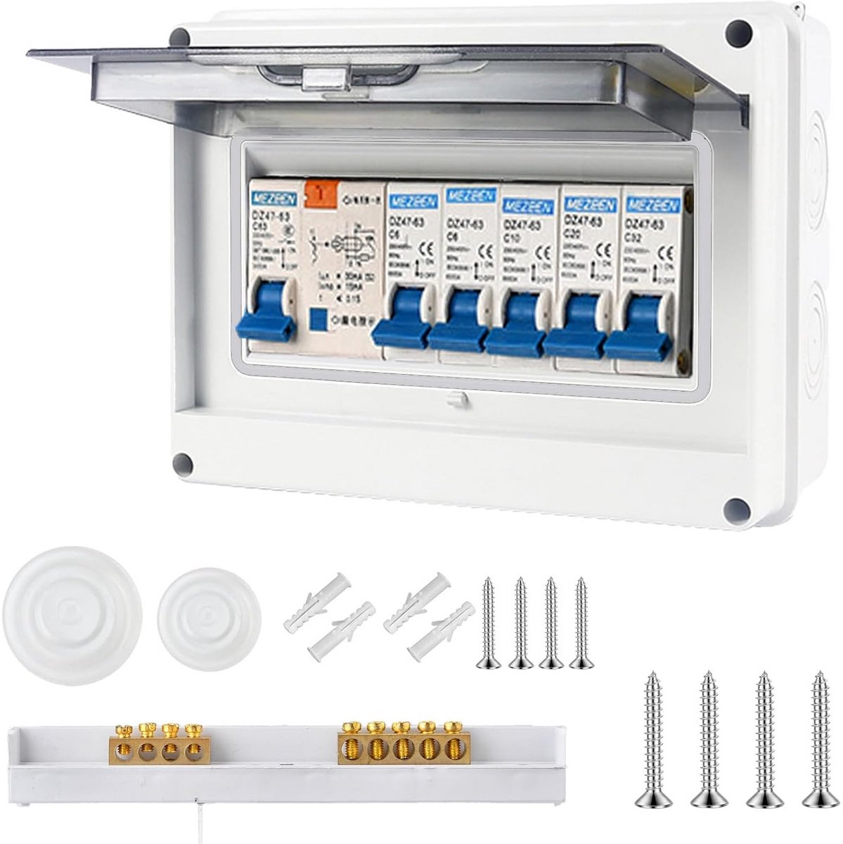 Elektrische Verdeelkast Buiten IP65 - 5-Ruimten 63A met RCD 30mA - Waterdichte Schakelkast 2x6A+10A+20A+32A voor Garage en Caravan