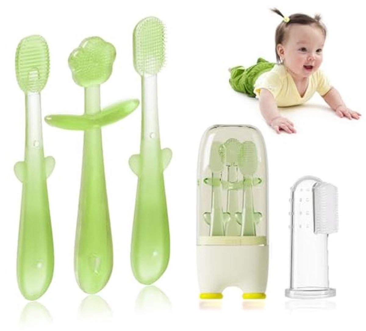 Siliconen Tandenborstelset voor Baby's - Trainingsset voor Tandjes van 0-18 maanden met Vingertandenborstel en Beker