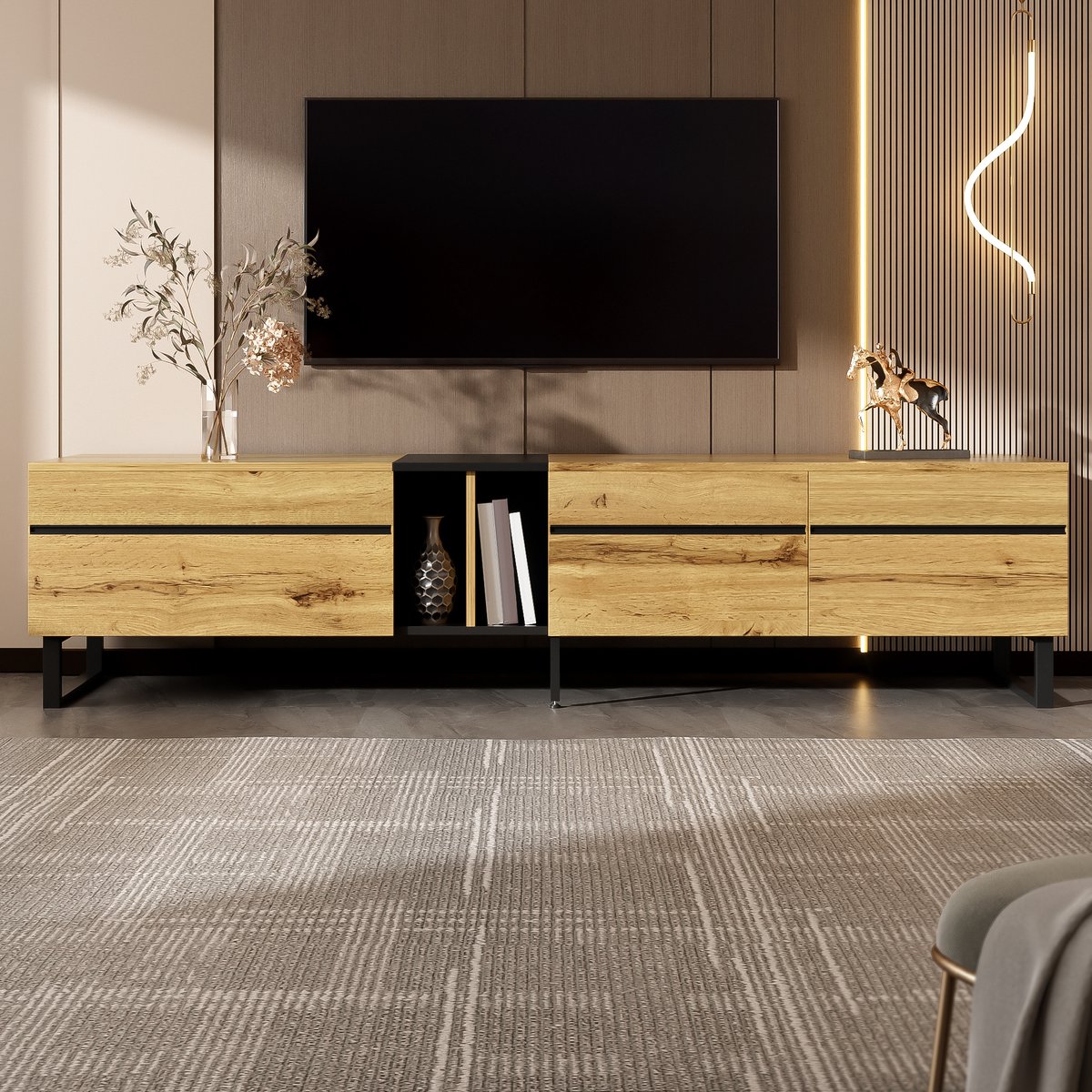 MODFU Tv-meubel – 180x38x45 cm – Houtkleur met klapvak & open vakken – Minimalistische tv-kast – Spaanplaat – Slim design