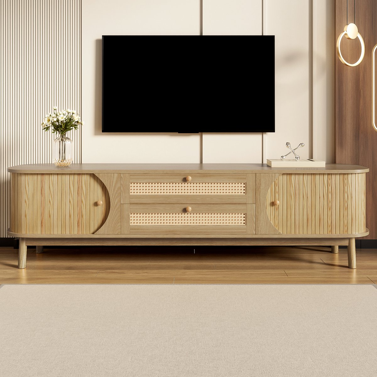 MODFU TV-meubel 170 x 46 x 39,5 cm van MDF en massief hout, met rattan laden en deuren, natuurlijk design