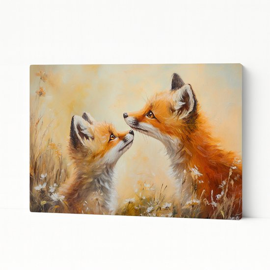 Une peinture de deux renards au pelage orange et aux fleurs blanches dans un champ, se regardant.