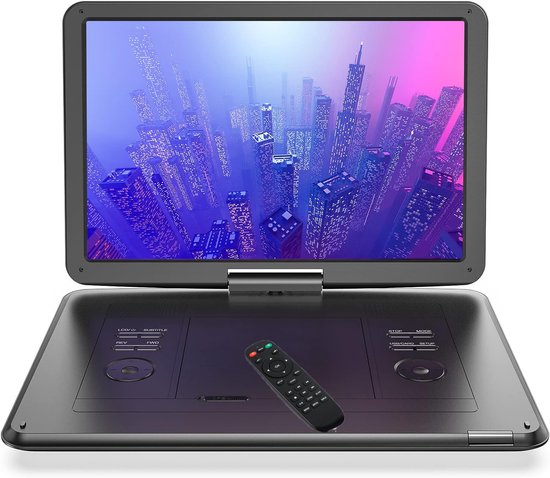 17,5'‘ draagbare dvd-speler met 15,6’' draaibaar HD-scherm, 6 uur batterijduur, ondersteunt meerdere formaten/SD/USB, tv/projector-synchronisatie, schokbestendig & opslagfunctie, stereoluidsprekers