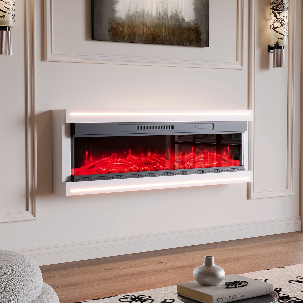 Elektrische wandhaard, 750/1500W verwarmingselement met LED-vlam, timer en oververhittingsbeveiliging, voor woonkamer en slaapkamer, 60"