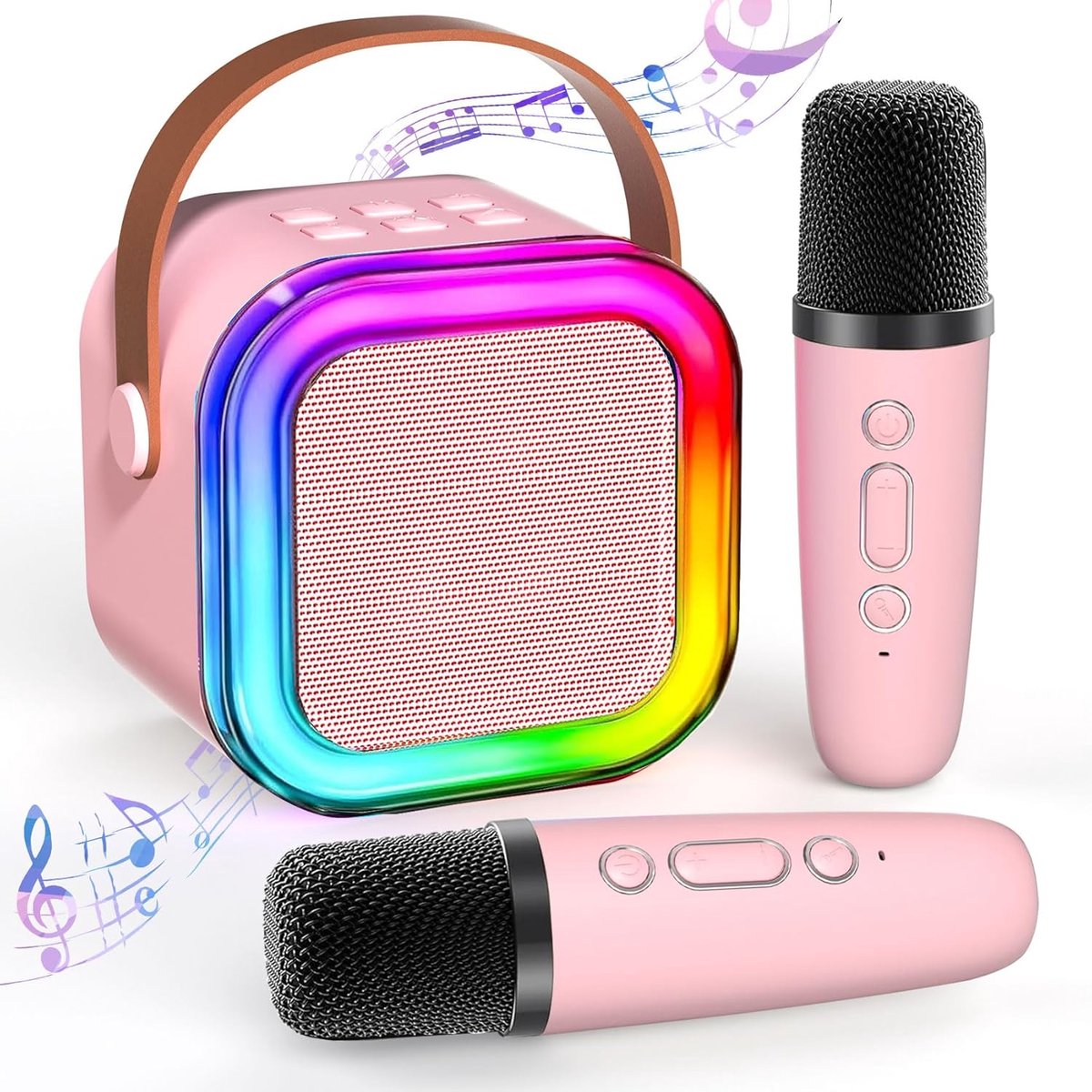 Mini Karaoke Machine voor Kinderen - Draadloze Karaoke Speaker met 2 Microfoons - LED Feestverlichting - Cadeau voor 2-12 Jaar - Model K12 Roze