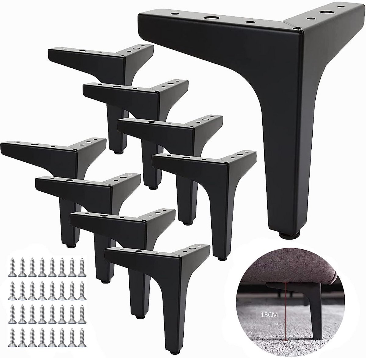 Set van 8 metalen bankpoten, 15 cm - Salontafelpoten met maximaal 600 kg draagvermogen - Zwart - Meubelvoeten voor tv-meubels en kasten