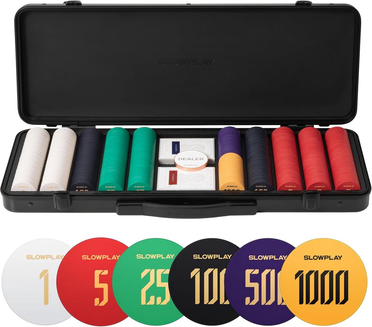 Keramische Pokerfiches Set voor Texas Hold'em – 500 stuks met waardes, 43 mm & 12 g per fiche | Luxe chipkoffer inbegrepen