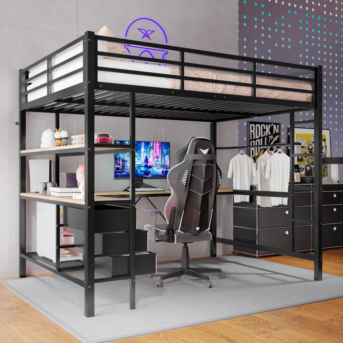 Wishdor Hoogslaper 140x200 cm – Met Bureau, LED & Stopcontact – Inclusief 3 Lades & Planken – Smart & Strak – Metaal & MDF – Zwart