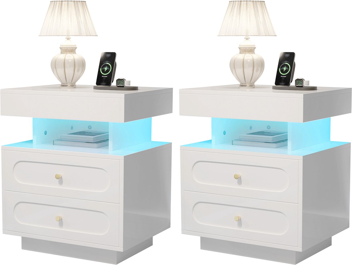 REDOM Nachtkastje 100x40x60 cm van spaanplaat, wit, met lade, open vak en LED-verlichting (3 kleurinstellingen)