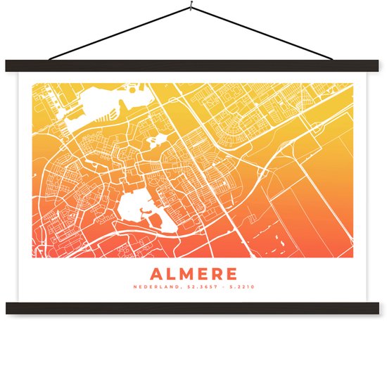 Porte-affiche avec affiche - Affiche scolaire - Plan de la ville - Almere - Jaune - Oranje - 60x40 cm - Lattes noires
