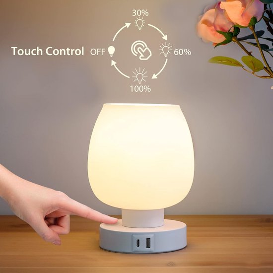 Dimbare Bedlamp met USB-C en A Oplaadpoorten - Kleine Nachtlamp voor Slaapkamer met Witte Opale Lampenkap van Merkloos — afbeelding 2