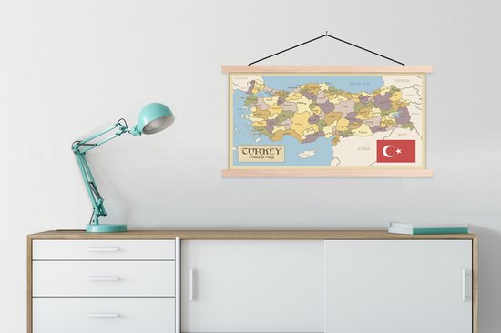 Porte-affiche avec affiche - Affiche scolaire - Carte rétro de la Turquie avec le drapeau turc - 90x45 cm - Lattes vierges