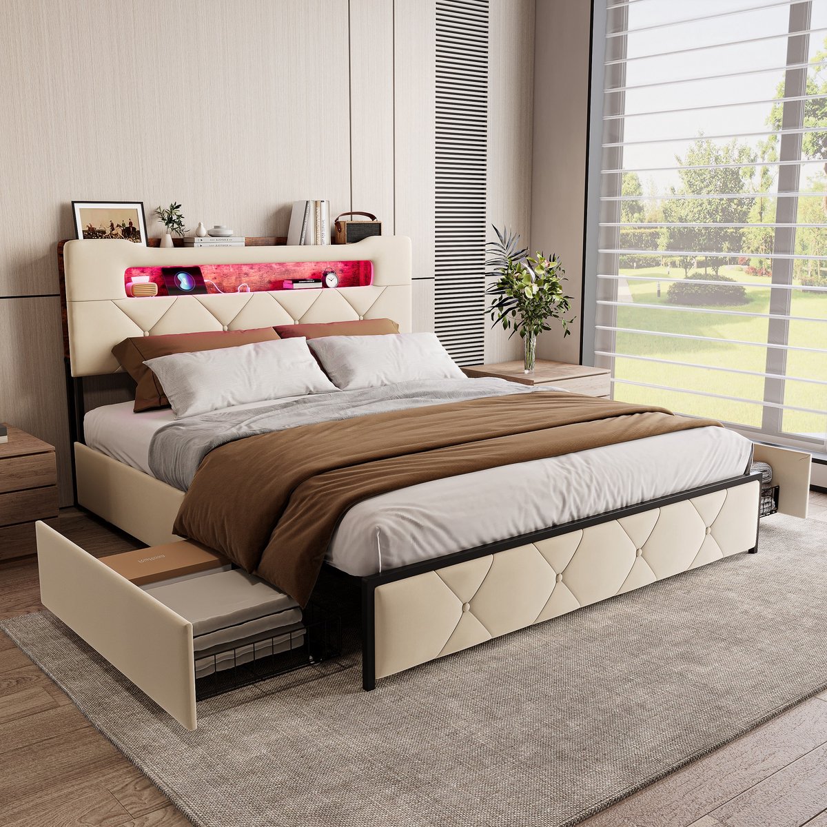 ROSAHQNDA Gestoffeerd bed 140 x 200 cm met ledverlichting en oplaadstation, bedframe met 4 lades voor opbergruimte, slaapkamerbed 140 x 200 cm, lattenbodem, fluwelen stof, beige, zonder matras (verzending in 2 pakketten)