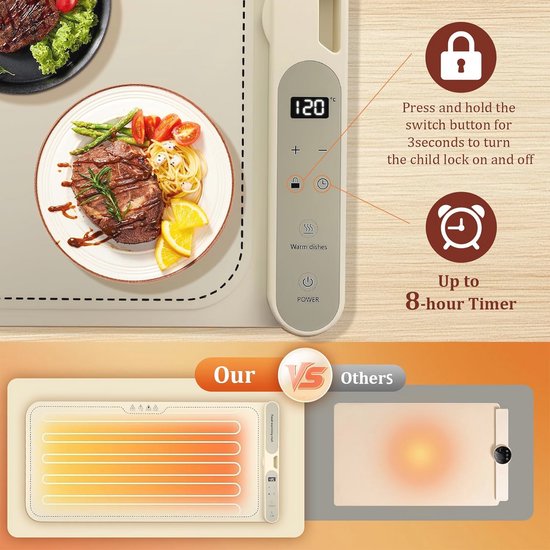 Extra grote warmhoudmat 80 x 38 cm met 7 temperaturen en 1-8 uur timer - draagbare voedselwarmer voor buffet en diners — afbeelding 4