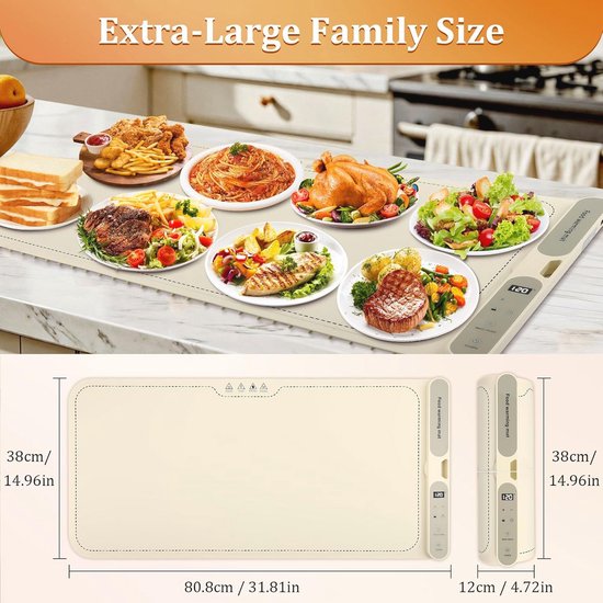 Extra grote warmhoudmat 80 x 38 cm met 7 temperaturen en 1-8 uur timer - draagbare voedselwarmer voor buffet en diners — afbeelding 3