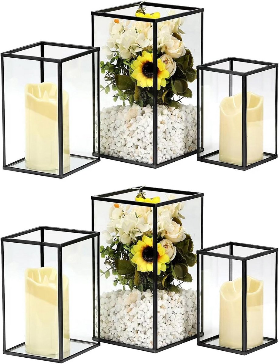 Set van 6 Zwarte Glazen Hurricane Kaarshouders voor Tafeldecoratie