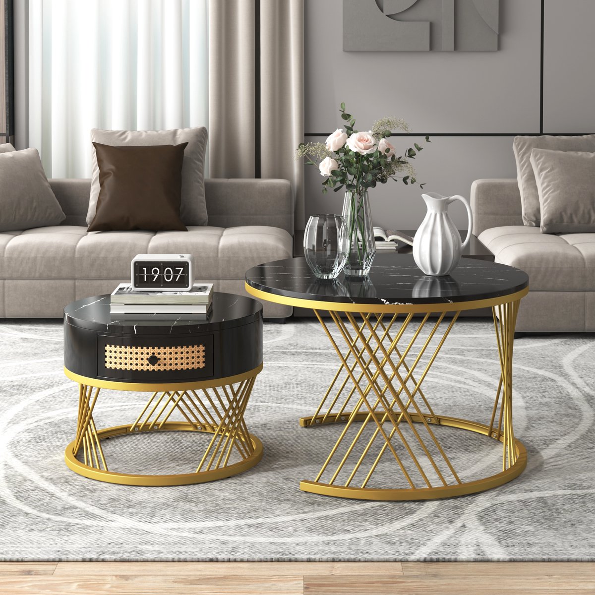 MODFU Ronde Salontafel 2-in-1 MDF met Marmer Tafelblad, Rattan Lades & Houten Handgrepen, Gouden IJzeren Poten, 70x70x45,5cm + 50x50x38,5cm Zwart