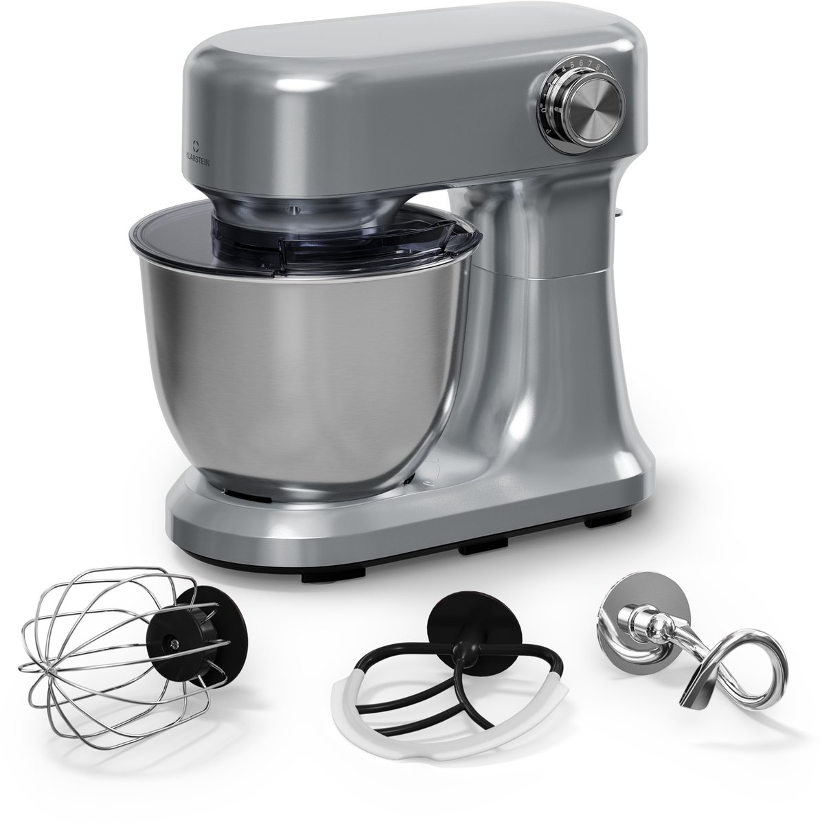 Klarstein Bella Evo 1500W keukenrobot – 5L roestvrijstalen kom, 12 snelheden, planetaire mixfunctie, pulsefunctie, deeghaak, klopper & garde, keukenrobot voor bakken, zilver