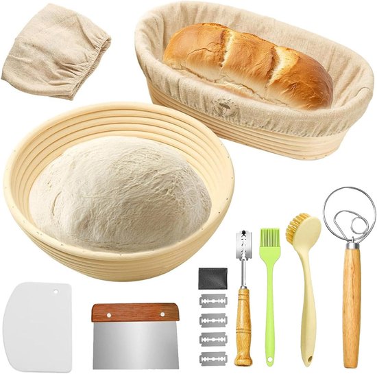 Foto: Rijsmandje broodbakken banneton rijsmandje brood gistbakset bevat een ronde gistmand van 23 cm en een ovale gistmand van 25 cm een garde deegschraper broodmes reinigingsborstel sinterklaas cadeau
