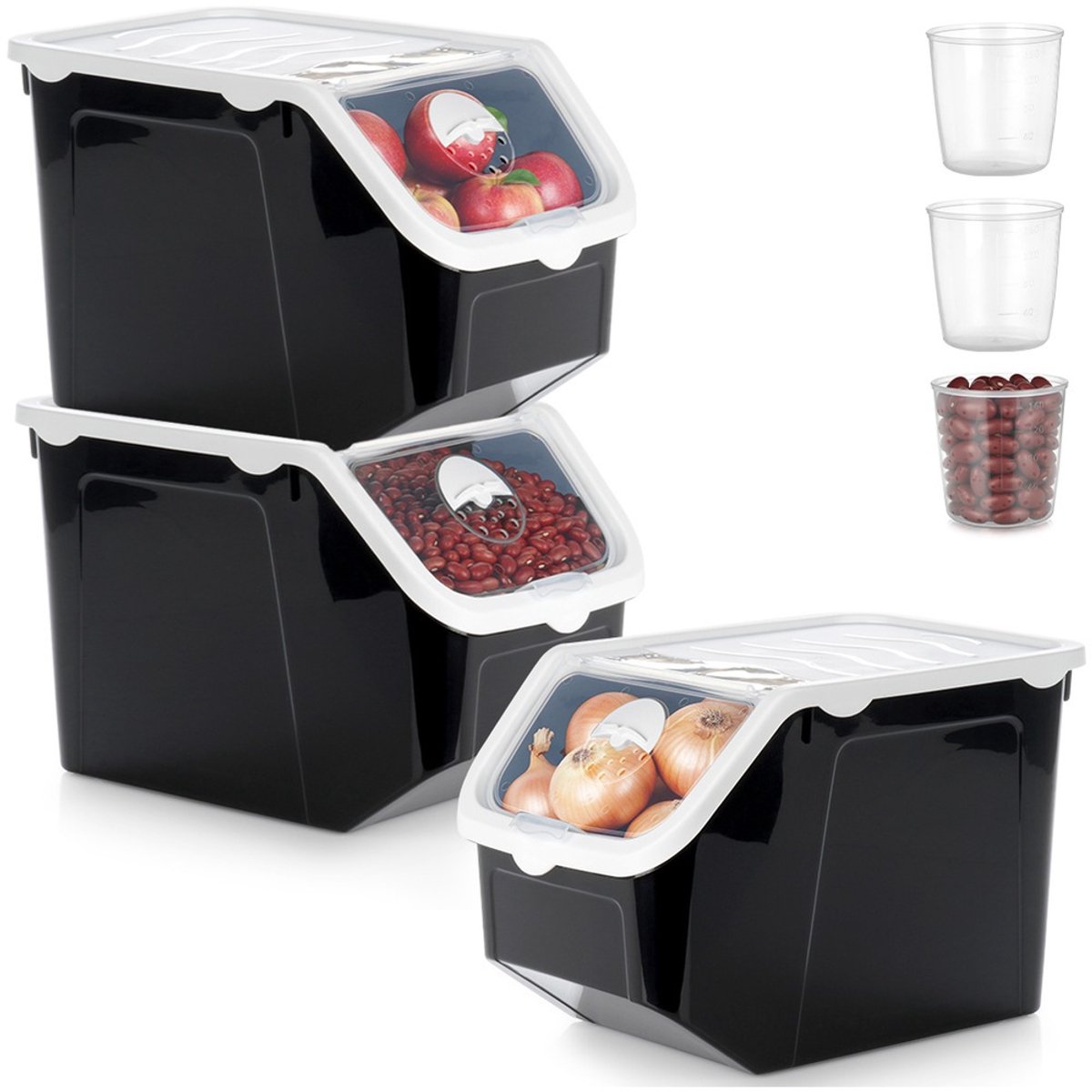 Doos voor Groenten en Fruit met Deksel Zwart 12 l 3 stuks - Aardappelbak - Aardappelpot - Bewaardoos - Container - Koelkast Organizer - Opbergbox - Fruitkist