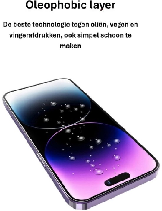 Telefoon met paars-blauwe wallpaper en druppels, met oleofobische laag.