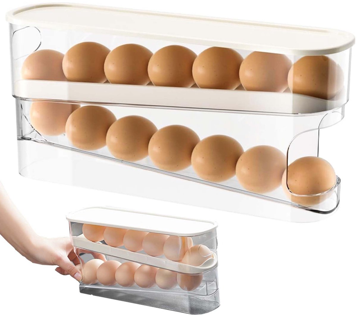 Unyqoos® Ruimtebesparende transparante eierorganizer met automatische verdeling