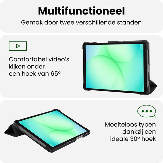 Zwarte tabletcase met twee standen: 65° voor video's kijken en 30° voor typen.