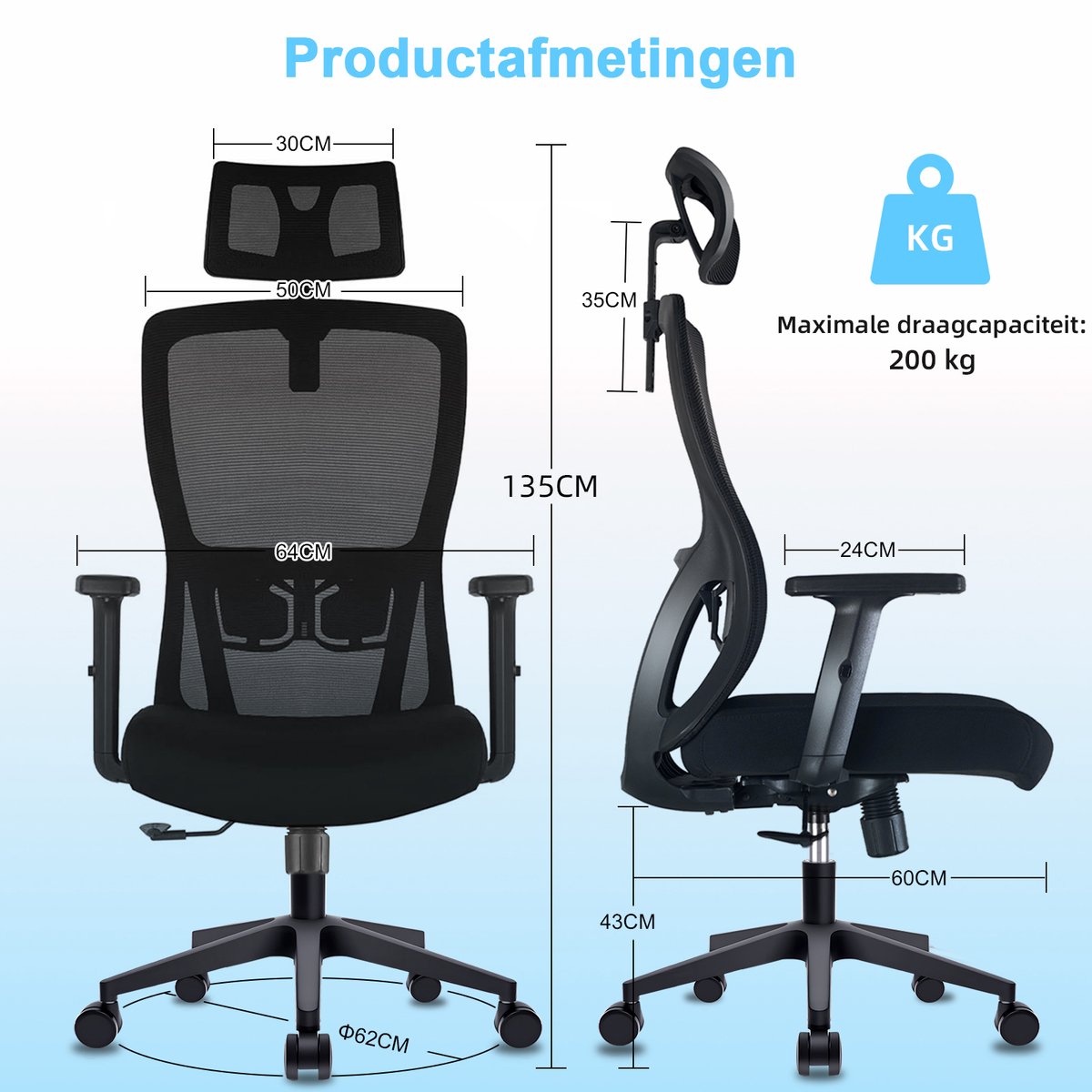 Durrafy Ergonomische Bureaustoel met Verstelbare Lendensteun - afbeelding 2