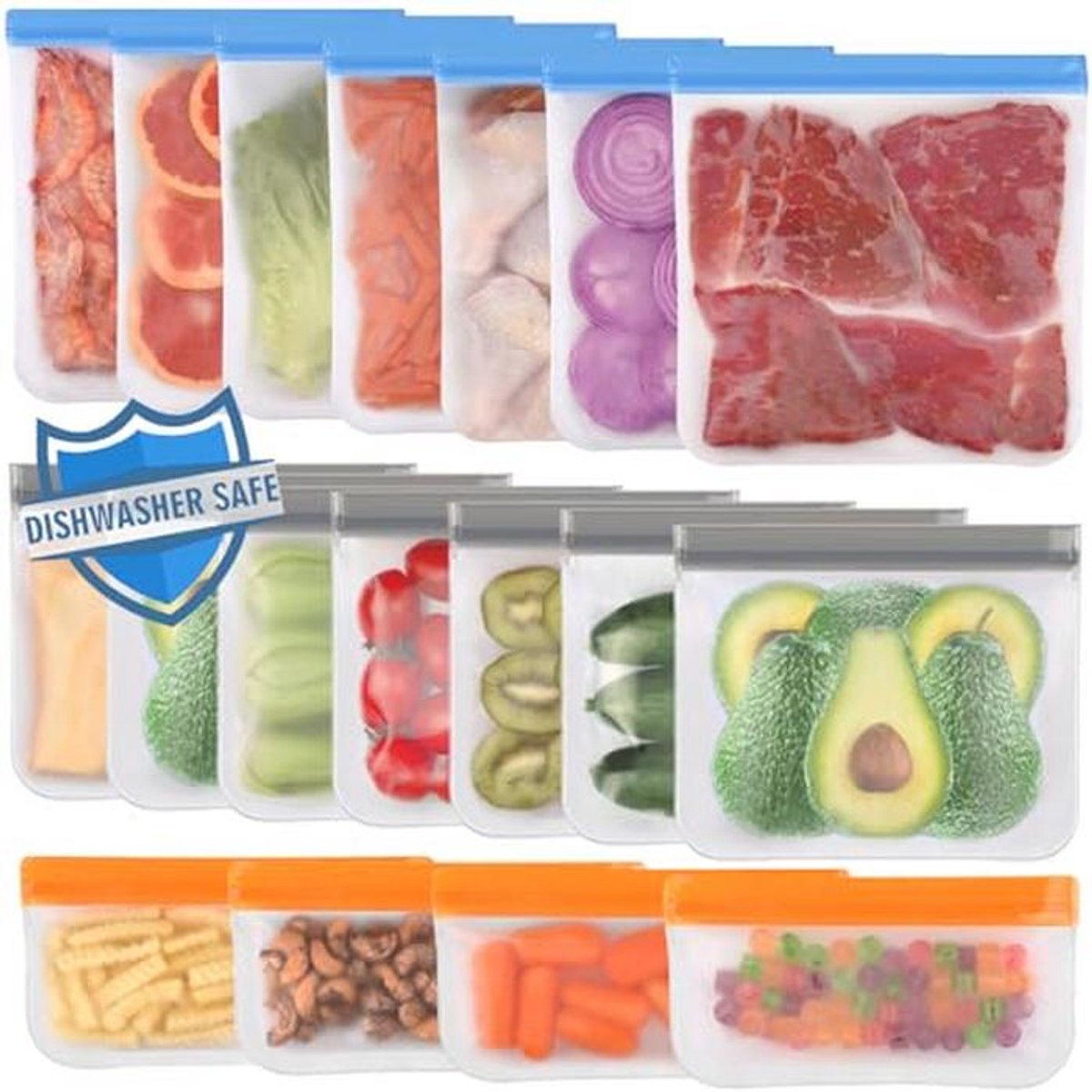 18 Pack Herbruikbare Vaatwasmachinebestendige Voedselopbergzakken voor Diepvries, Lunch en Snacks - 7 Liter, 7 Sandwich, 4 Snacks