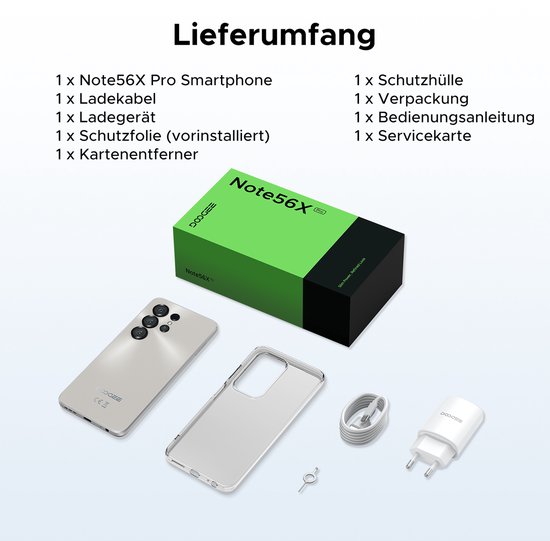 Inhoud van de DOOGEE Note56X Pro doos: telefoon, hoesje, oplader, kabel, simkaartpin, handleiding.