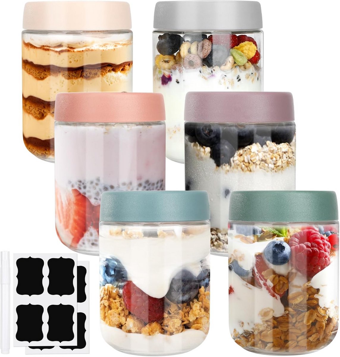 6x Hervulbare Mason Jars voor Overnight Oats, Yoghurt of Snacks - Potten met Deksel
