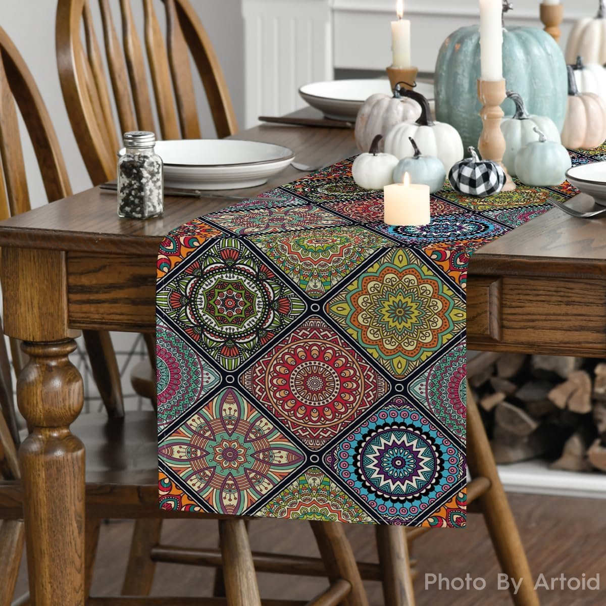 Geometrische Tafelloper voor Eettafel - Veelkleurig Boho Vintage Design 40 x 240 cm