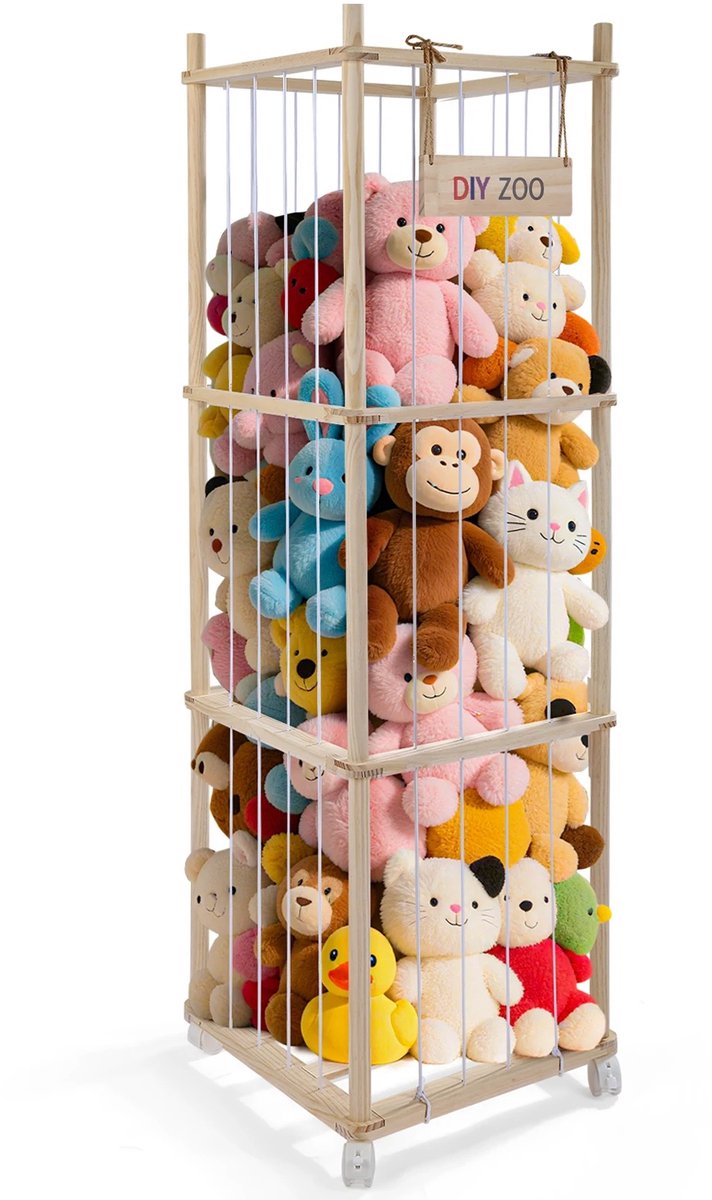 DoneMore® - knuffelopberger - speelgoedopberger - verrijdbaar - massief hout - naturel - 138x41x41 cm - ca. 8 kg