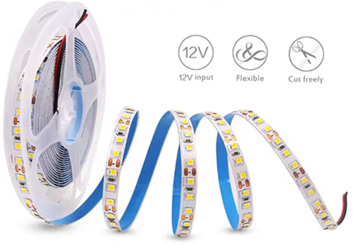 LEDstrip 2835 coolwhite 6000K 12V 60 leds per meter IP20 rol 5 meter 8 mm dimbaar led strip